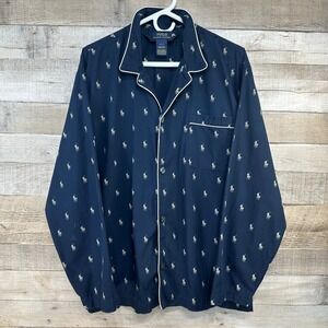Polo Ralph Lauren Mens Navy Blue Ivory Pony Print Cotton Pajama Top Size M